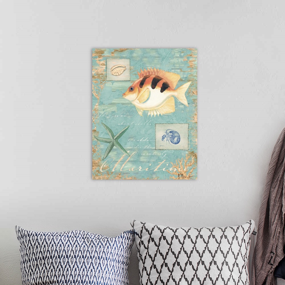 A bohemian room featuring Decorative artwork of a tropical fish on a distressed background with shells.
