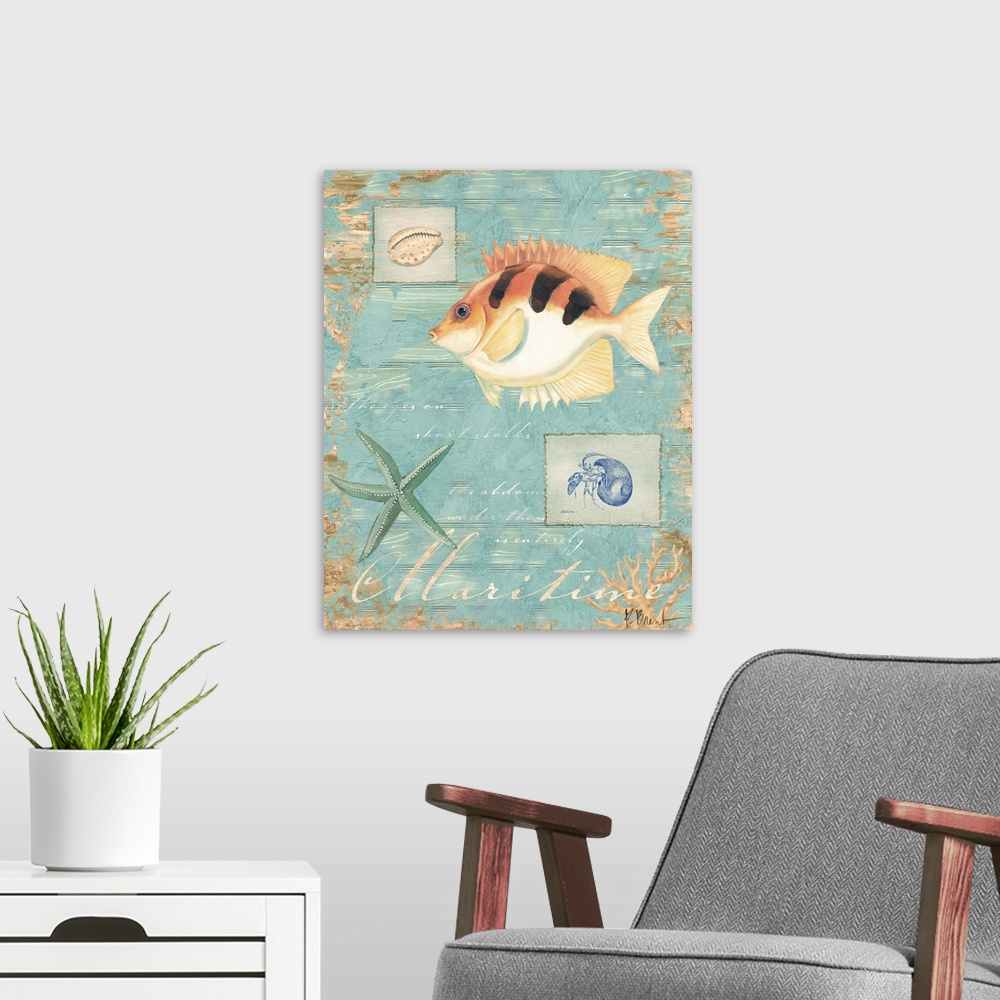 A modern room featuring Decorative artwork of a tropical fish on a distressed background with shells.