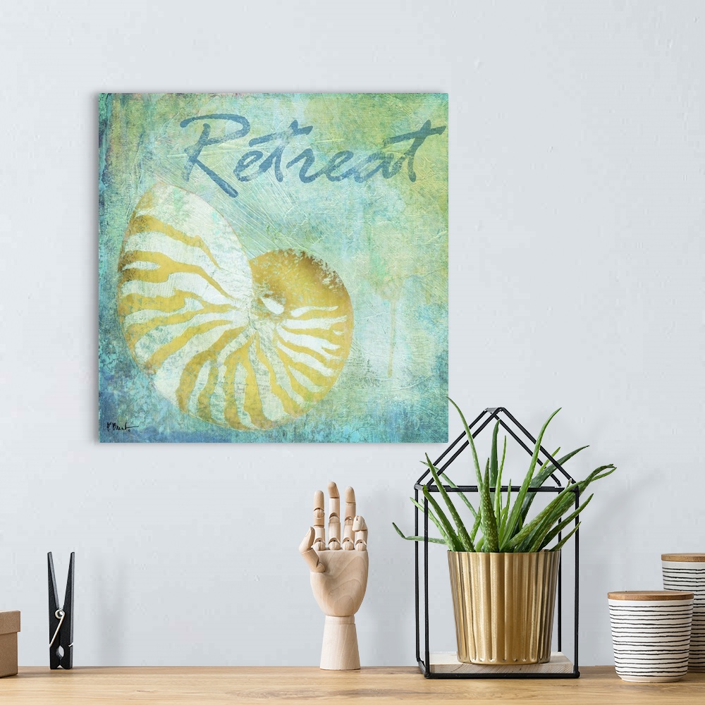 A bohemian room featuring Cool-toned artwork with a nautilus shell print on a textured background and the text Retreat.