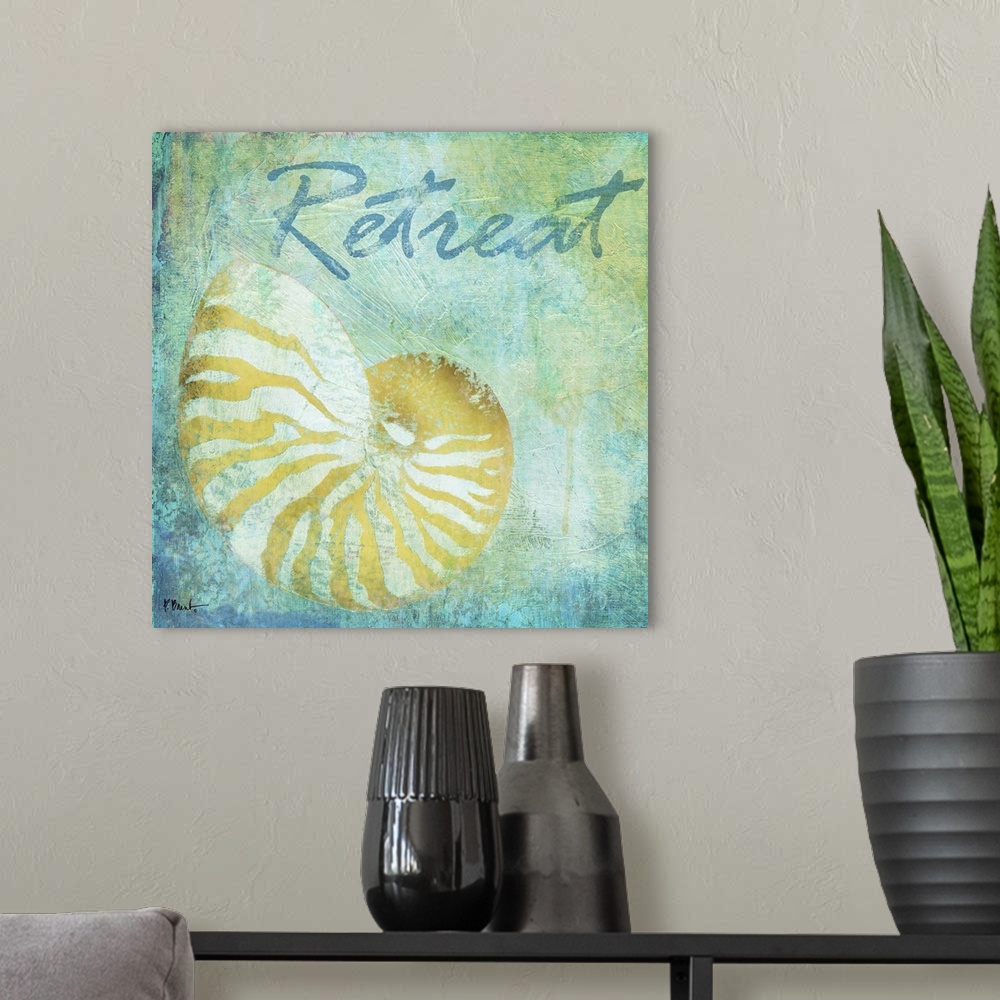 A modern room featuring Cool-toned artwork with a nautilus shell print on a textured background and the text Retreat.