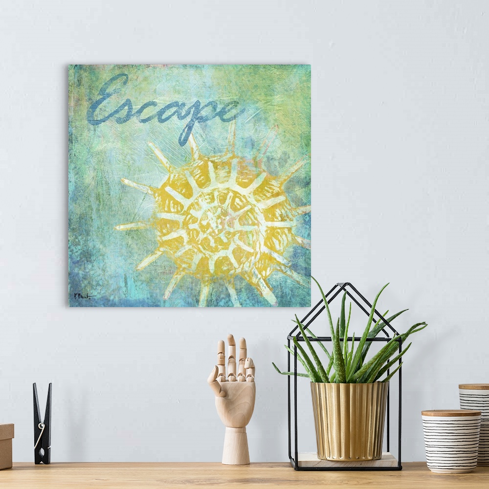 A bohemian room featuring Cool-toned artwork with a shell print on a textured background and the text Escape.