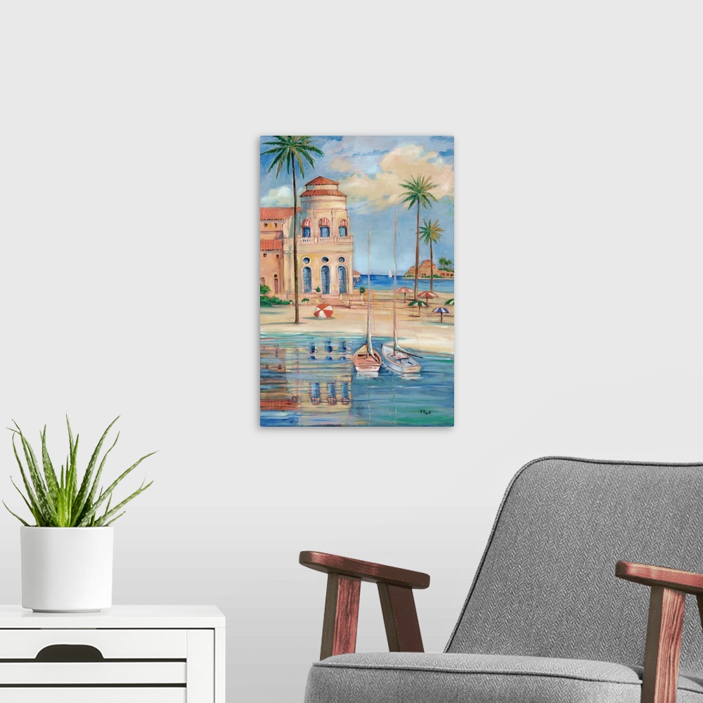A modern room featuring Painting of a resort on the Mediterranean sea with a sandy beach, palm trees, and sailboats.