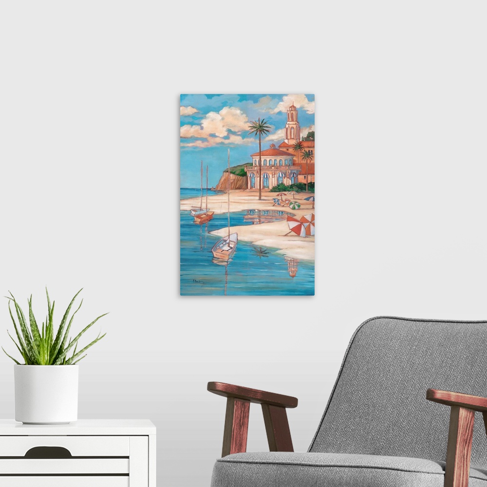 A modern room featuring Painting of a resort on the Mediterranean sea with a sandy beach, palm trees, and sailboats.
