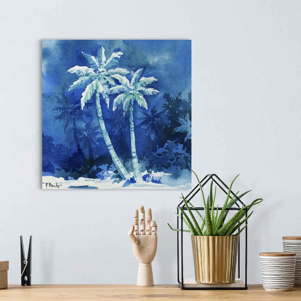 A bohemian room featuring Monotone painting of two palm trees against deep blue scenery.