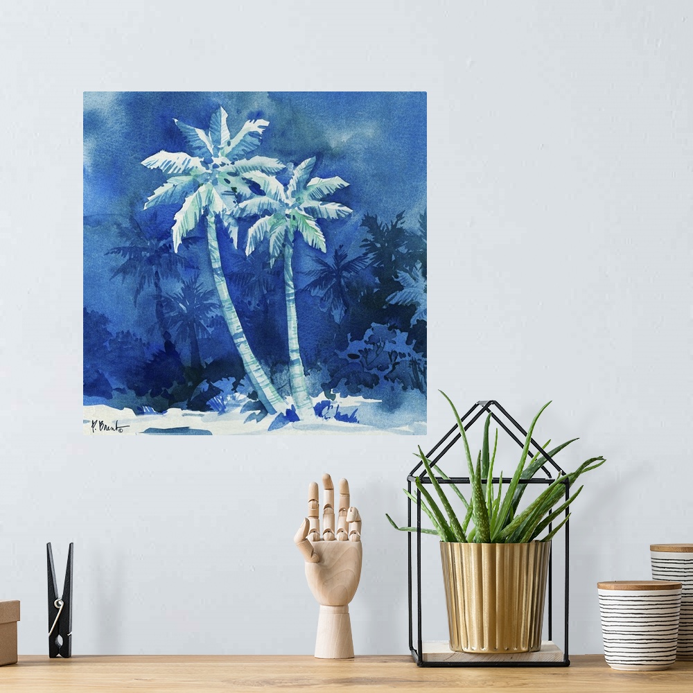 A bohemian room featuring Monotone painting of two palm trees against deep blue scenery.