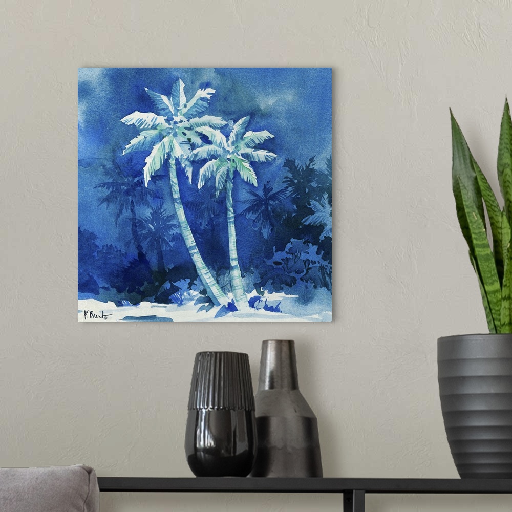 A modern room featuring Monotone painting of two palm trees against deep blue scenery.