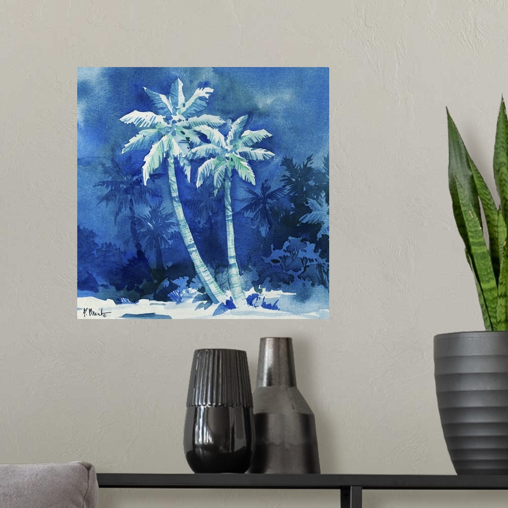 A modern room featuring Monotone painting of two palm trees against deep blue scenery.