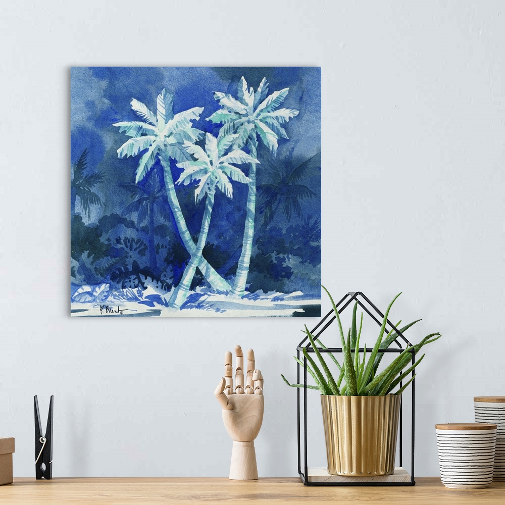 A bohemian room featuring Monotone painting of three palm trees against deep blue scenery.