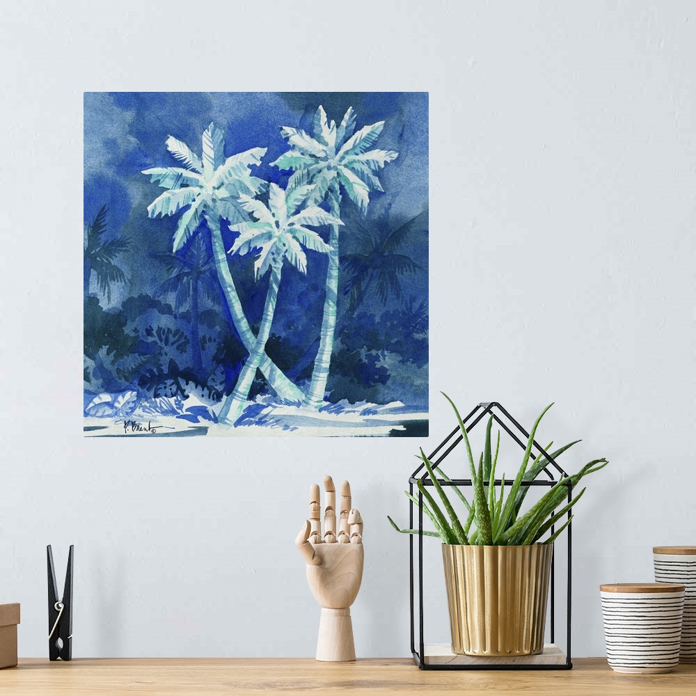A bohemian room featuring Monotone painting of three palm trees against deep blue scenery.