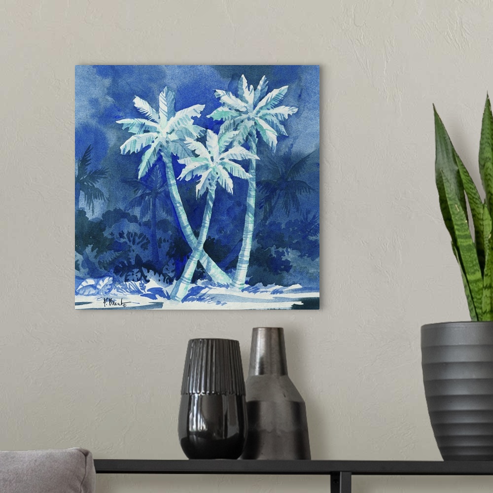 A modern room featuring Monotone painting of three palm trees against deep blue scenery.