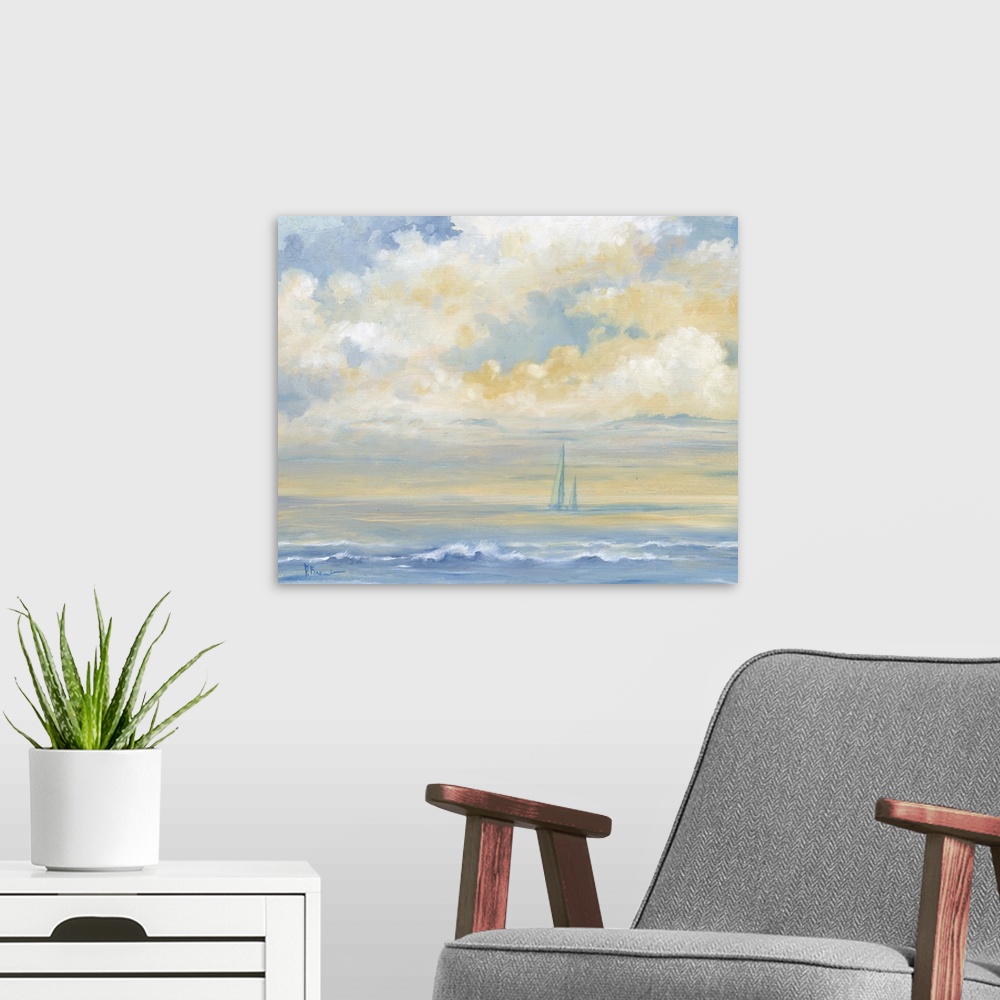 A modern room featuring Contemporary artwork of sailboats on the ocean in the distance under large clouds.