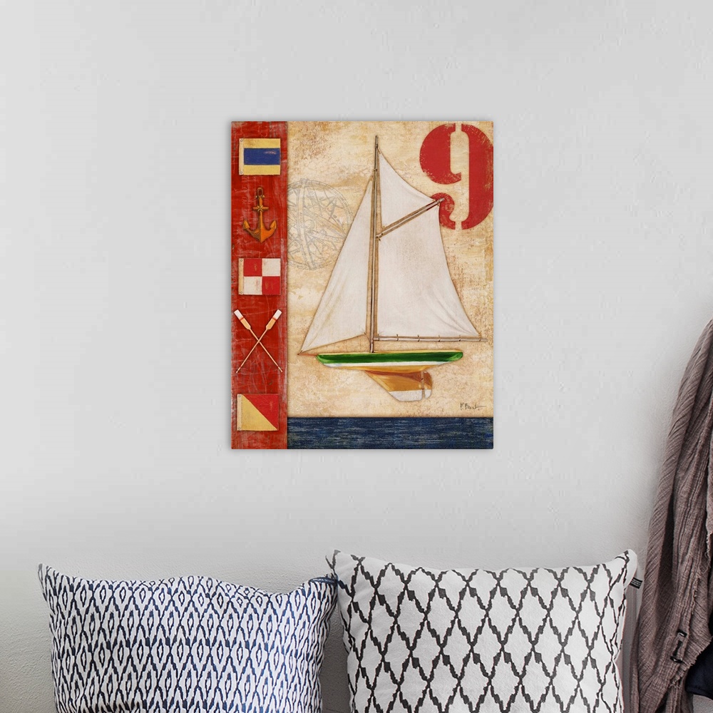 A bohemian room featuring Decorative artwork featuring a yacht and nautical elements, such as flags, an anchor, and oars.