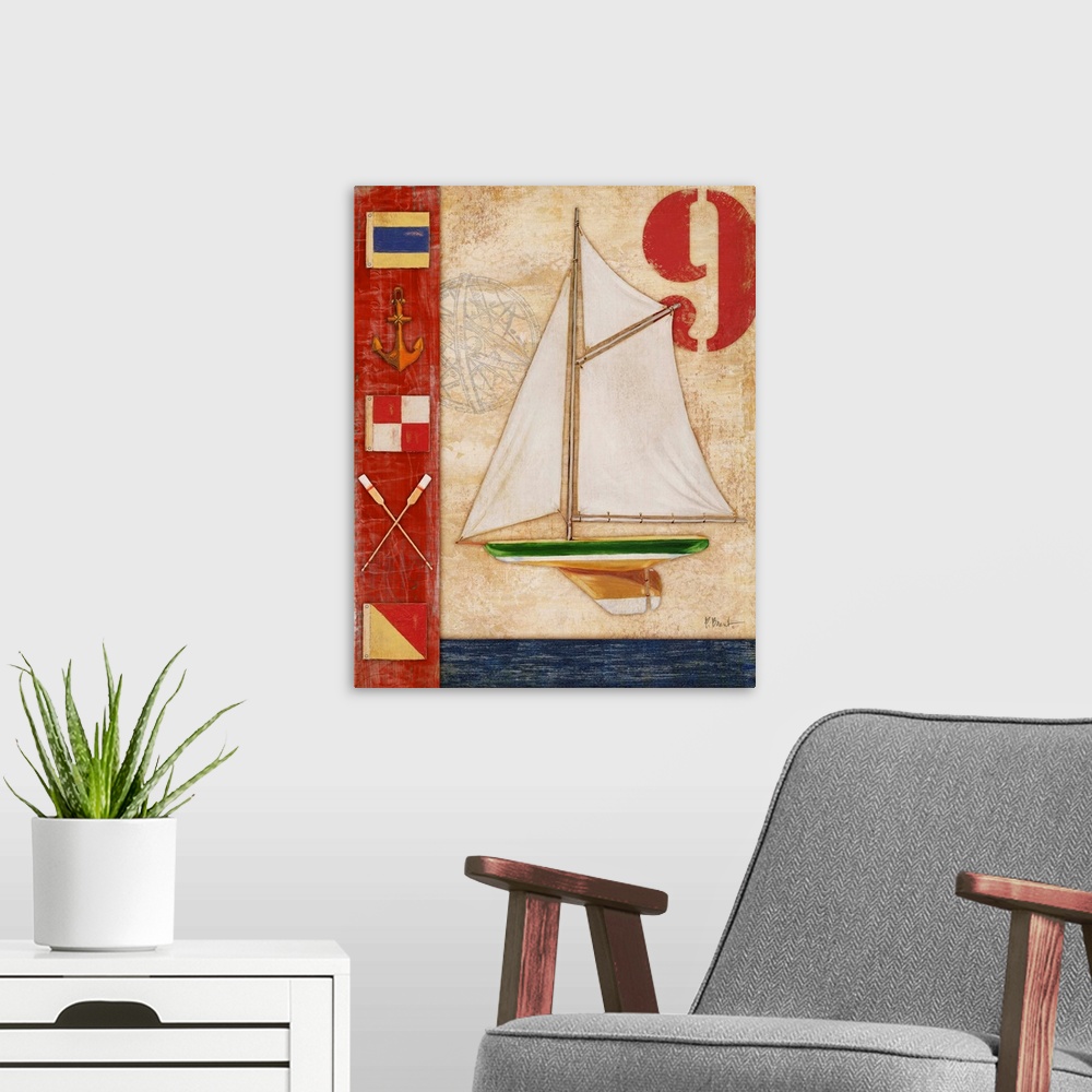 A modern room featuring Decorative artwork featuring a yacht and nautical elements, such as flags, an anchor, and oars.