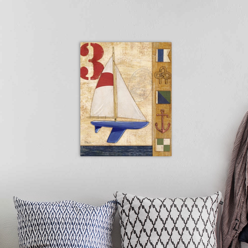 A bohemian room featuring Decorative artwork featuring a yacht and nautical elements, such as flags, an anchor, and rope.