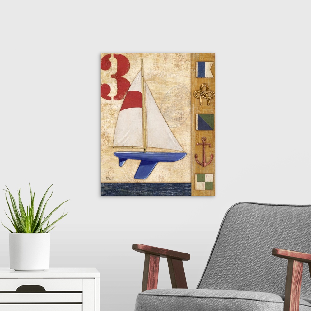 A modern room featuring Decorative artwork featuring a yacht and nautical elements, such as flags, an anchor, and rope.
