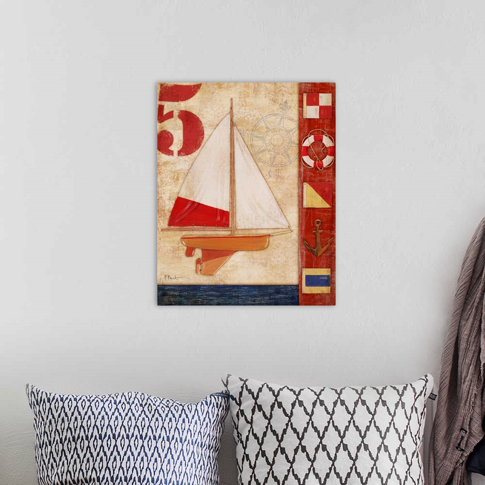 A bohemian room featuring Decorative artwork featuring a yacht and nautical elements, such as flags, an anchor, and a lifer...