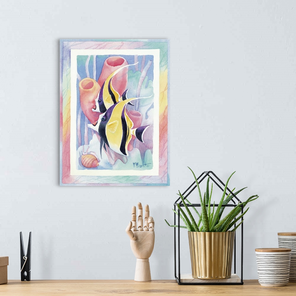 A bohemian room featuring Watercolor painting of two angelfish swimming near tube coral, done in pastel colors.
