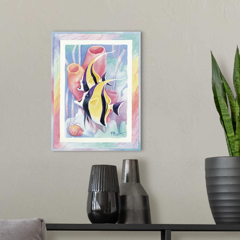 A modern room featuring Watercolor painting of two angelfish swimming near tube coral, done in pastel colors.