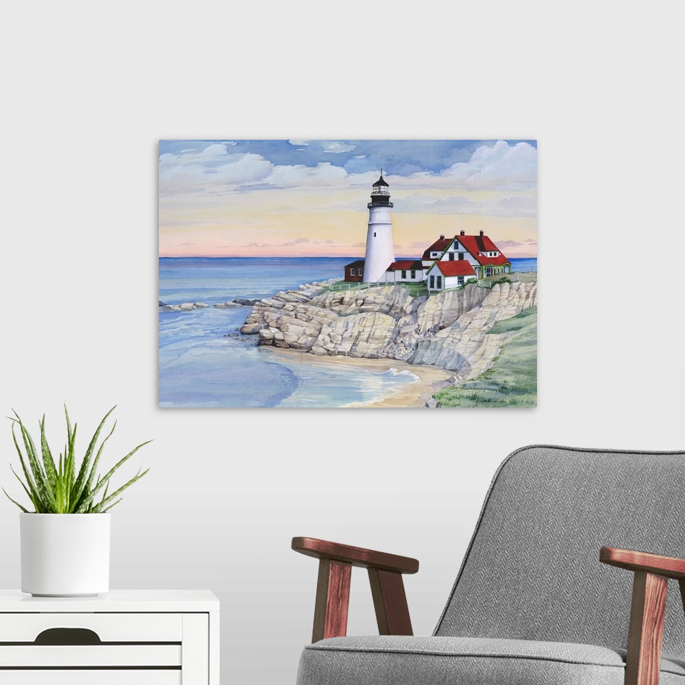 A modern room featuring Watercolor painting of a lighthouse on a rocky cliff overlooking the ocean.
