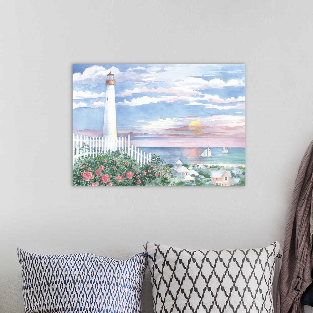 A bohemian room featuring Cape May lighthouse in New Jersey in the morning with a white fence and garden.