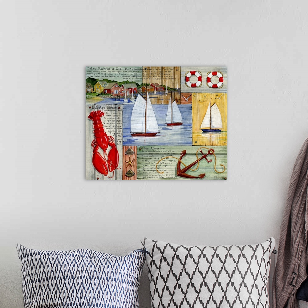 A bohemian room featuring Collection of nautical elements from Nantucket, including a lobster, anchor, sailboats, and lifes...