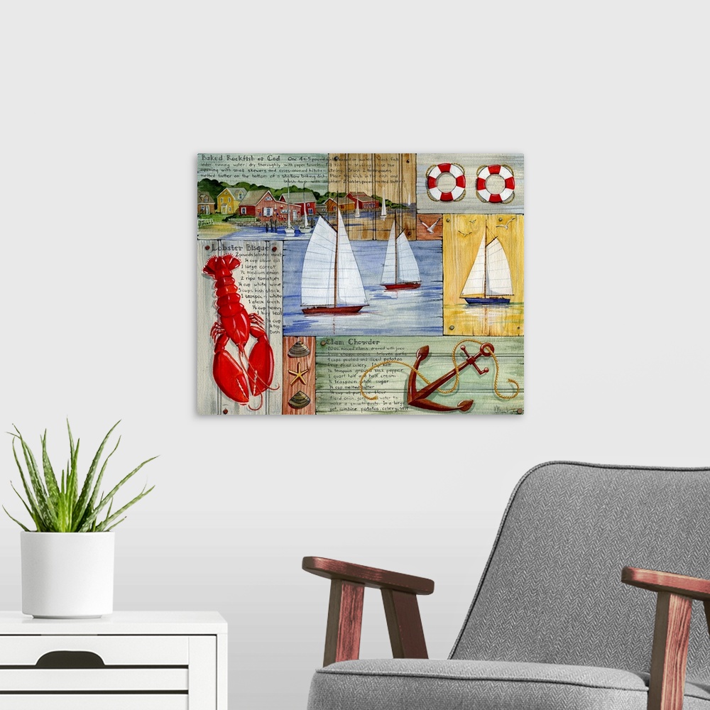 A modern room featuring Collection of nautical elements from Nantucket, including a lobster, anchor, sailboats, and lifes...