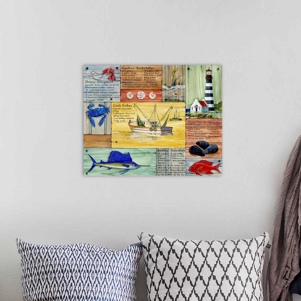 A bohemian room featuring Collection of nautical elements from Nantucket, including a sailfish, lighthouse, and fishing boat.
