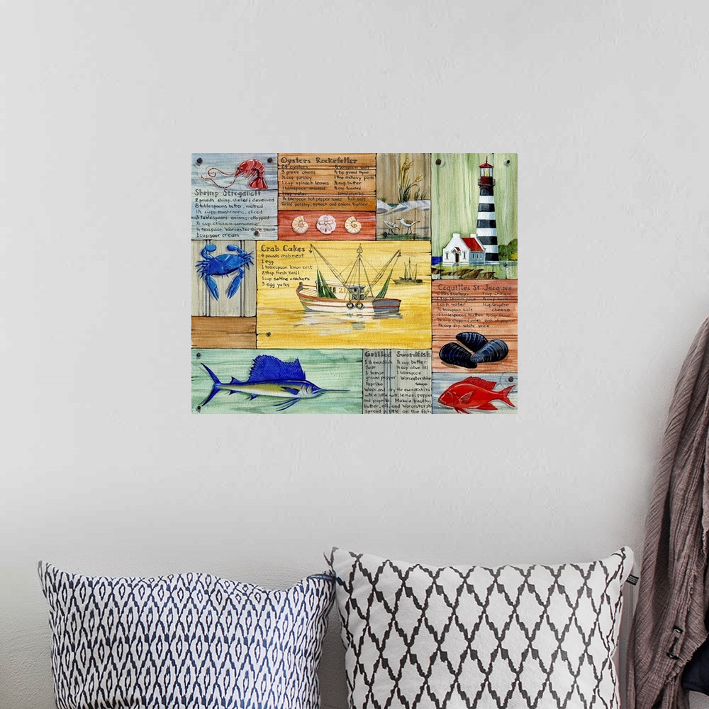 A bohemian room featuring Collection of nautical elements from Nantucket, including a sailfish, lighthouse, and fishing boat.