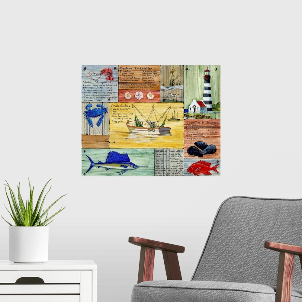 A modern room featuring Collection of nautical elements from Nantucket, including a sailfish, lighthouse, and fishing boat.