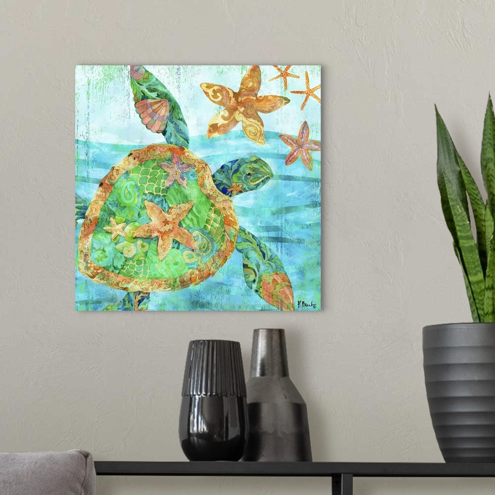 A modern room featuring Square watercolor painting of a sea turtle and starfish in the ocean with detailed patterns in bl...