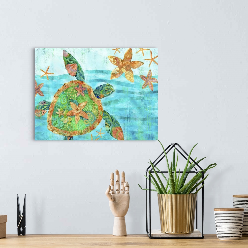 A bohemian room featuring Large watercolor painting of a sea turtle and starfish in the ocean with detailed patterns in blu...