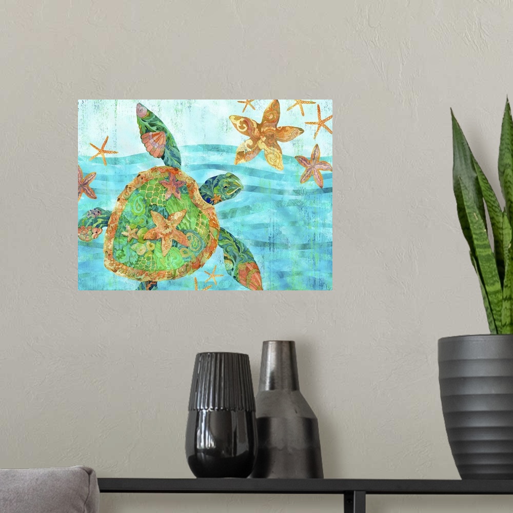 A modern room featuring Large watercolor painting of a sea turtle and starfish in the ocean with detailed patterns in blu...