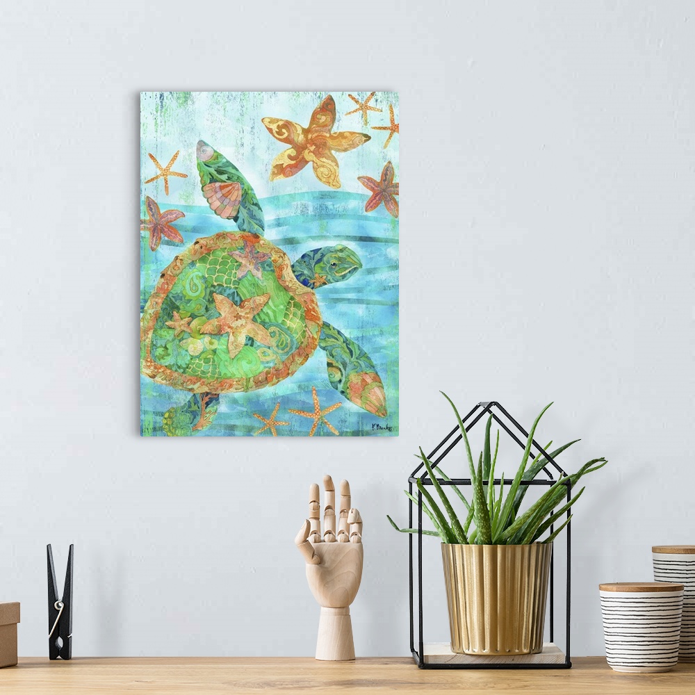 A bohemian room featuring Vertical watercolor painting of a sea turtle and starfish in the ocean with detailed patterns in ...