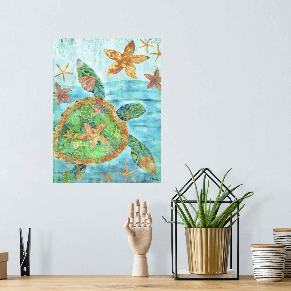 A bohemian room featuring Vertical watercolor painting of a sea turtle and starfish in the ocean with detailed patterns in ...
