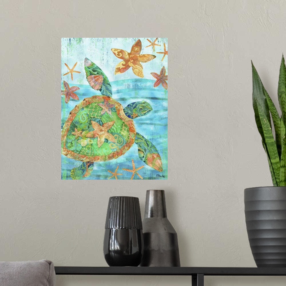 A modern room featuring Vertical watercolor painting of a sea turtle and starfish in the ocean with detailed patterns in ...