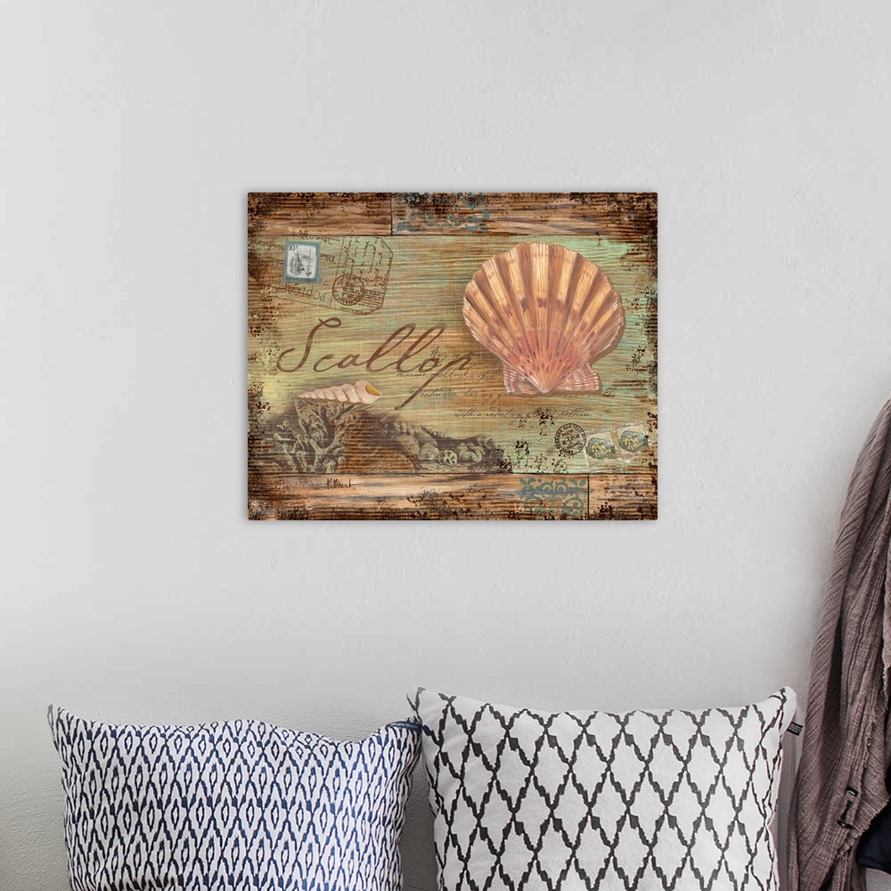 A bohemian room featuring Collage of marine elements including a shell, coral, and postage stamps on a faux distressed wood...