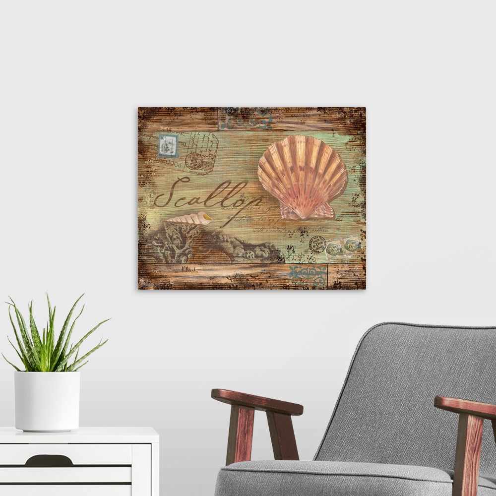 A modern room featuring Collage of marine elements including a shell, coral, and postage stamps on a faux distressed wood...