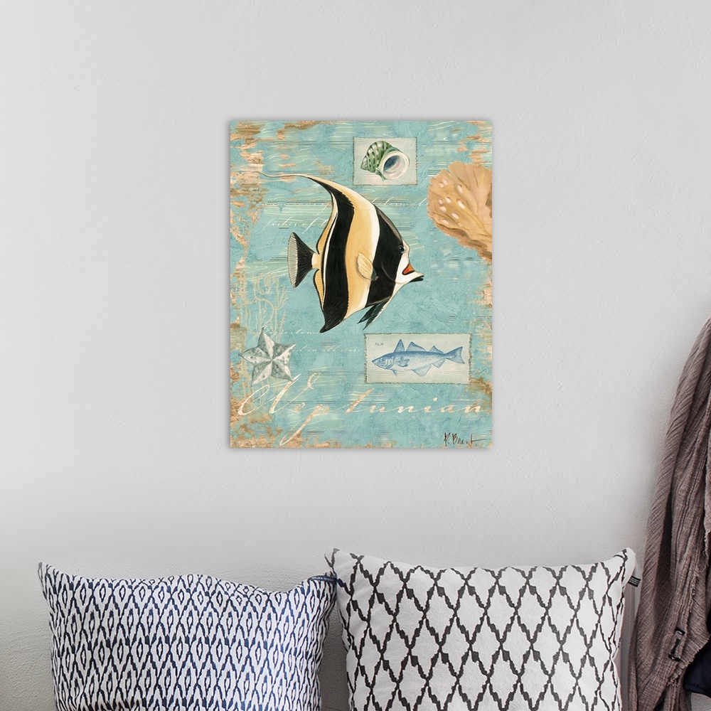 A bohemian room featuring Decorative artwork of an angelfish on a distressed background with shells.