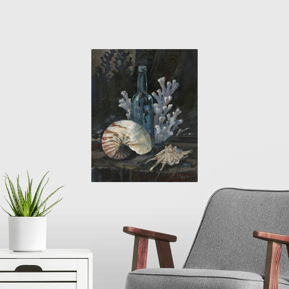 A modern room featuring Still life painting of a bottle, sea shells, and coral.