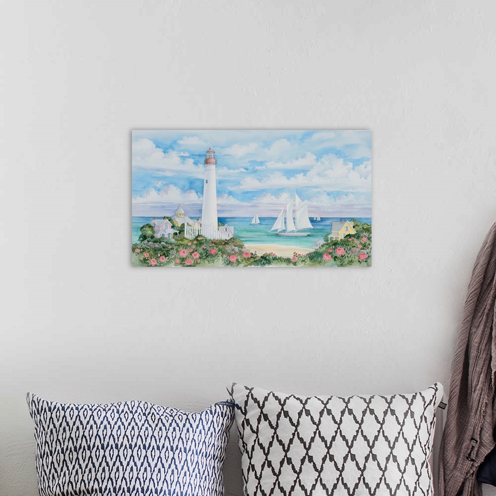 A bohemian room featuring Contemporary watercolor painting of a coastal scene, with a lighthouse and several sailboats.