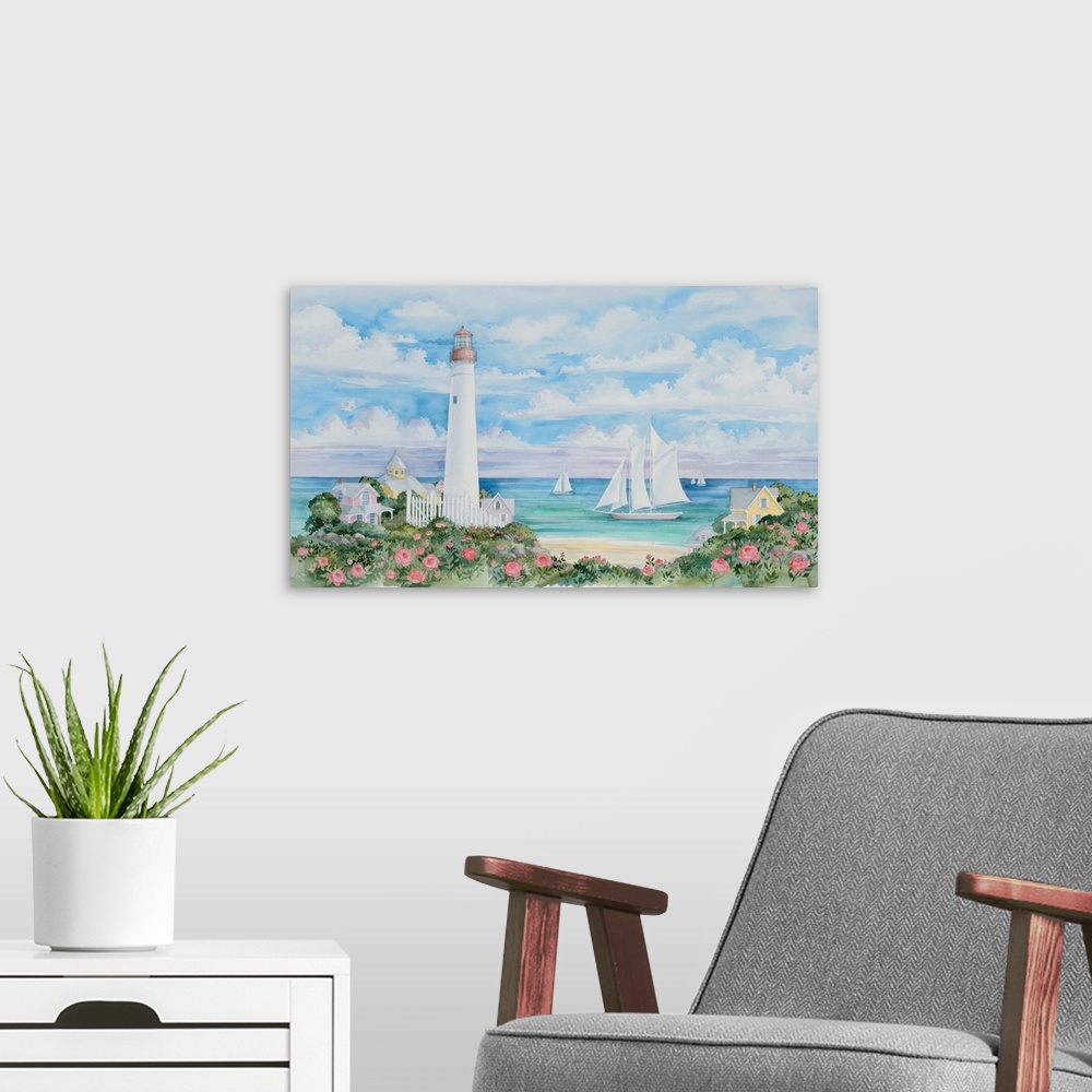 A modern room featuring Contemporary watercolor painting of a coastal scene, with a lighthouse and several sailboats.