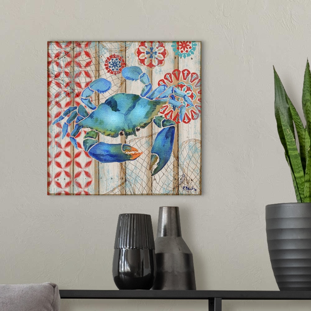 A modern room featuring Decorative artwork of a blue crab on a faux wooden board background.