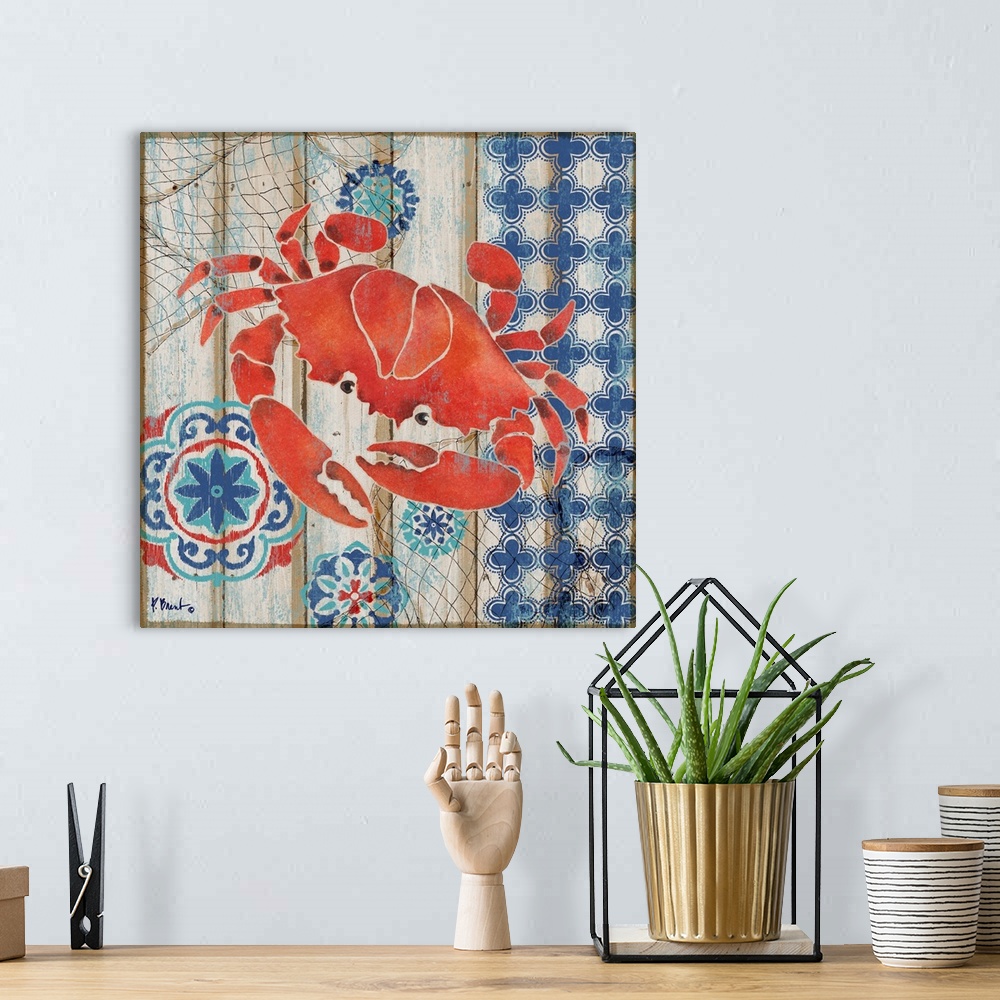 A bohemian room featuring Decorative artwork of a red crab on a faux wooden board background.