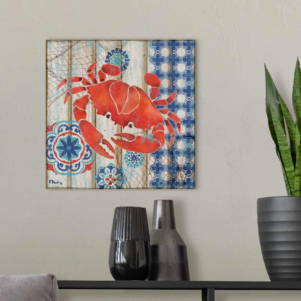 A modern room featuring Decorative artwork of a red crab on a faux wooden board background.