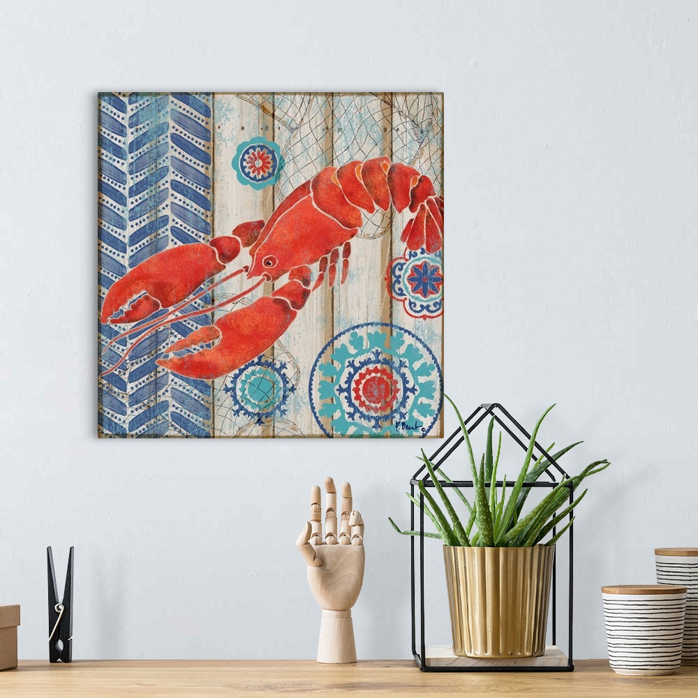 A bohemian room featuring Decorative artwork of a red lobster on a faux wooden board background.