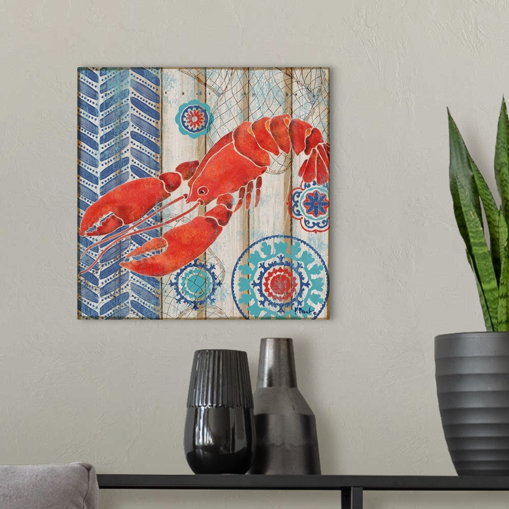 A modern room featuring Decorative artwork of a red lobster on a faux wooden board background.