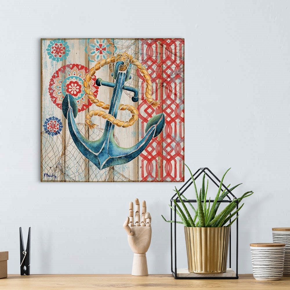 A bohemian room featuring Decorative artwork of an anchor on a faux wooden board background.