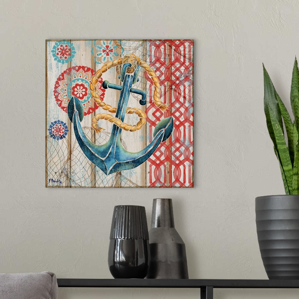 A modern room featuring Decorative artwork of an anchor on a faux wooden board background.