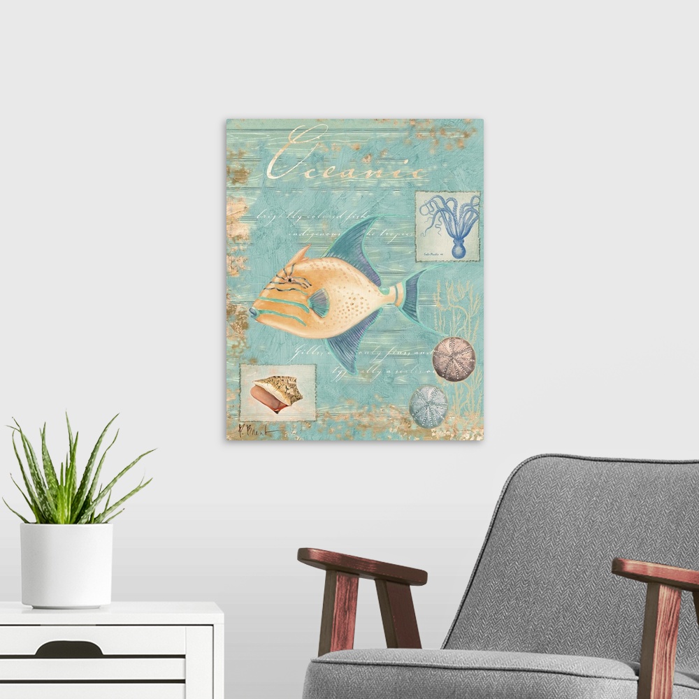 A modern room featuring Collage of a trigger fish and other marine elements, including shells and an octopus.