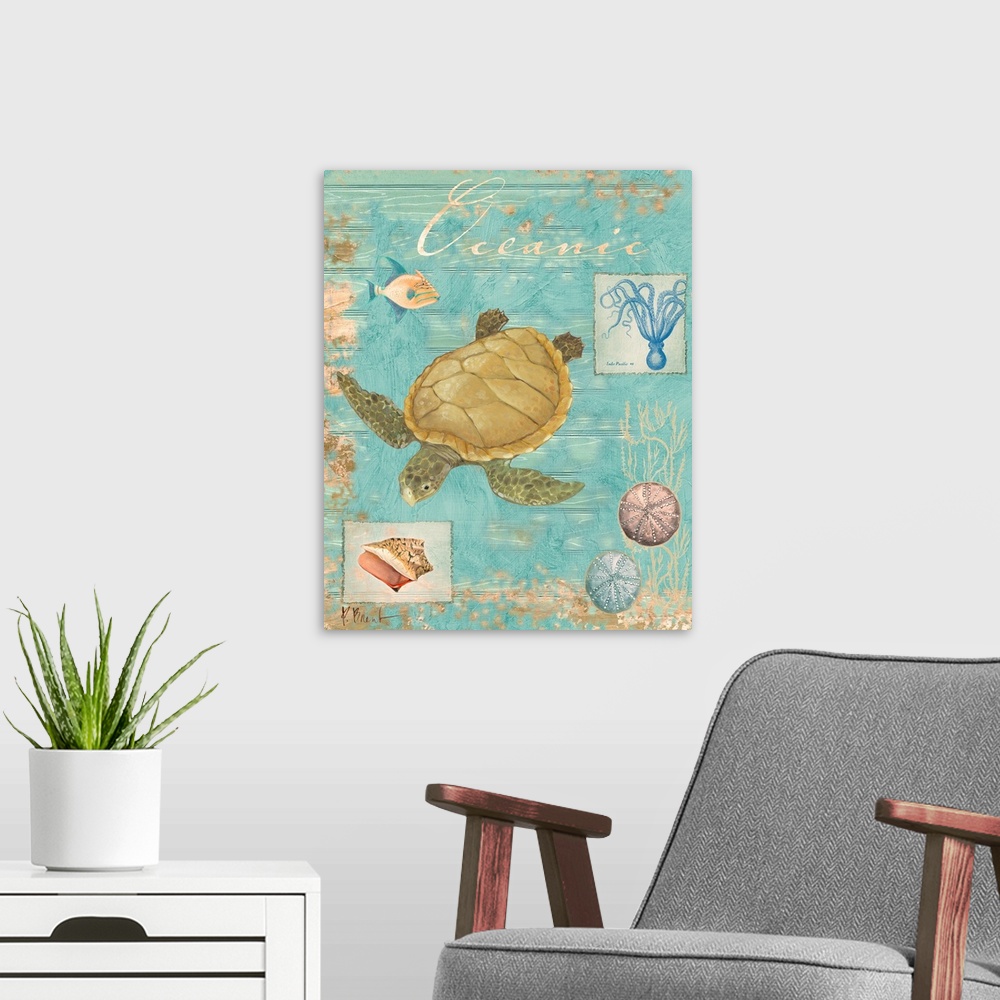 A modern room featuring Collage of a sea turtle and other marine elements, including shells and an octopus.